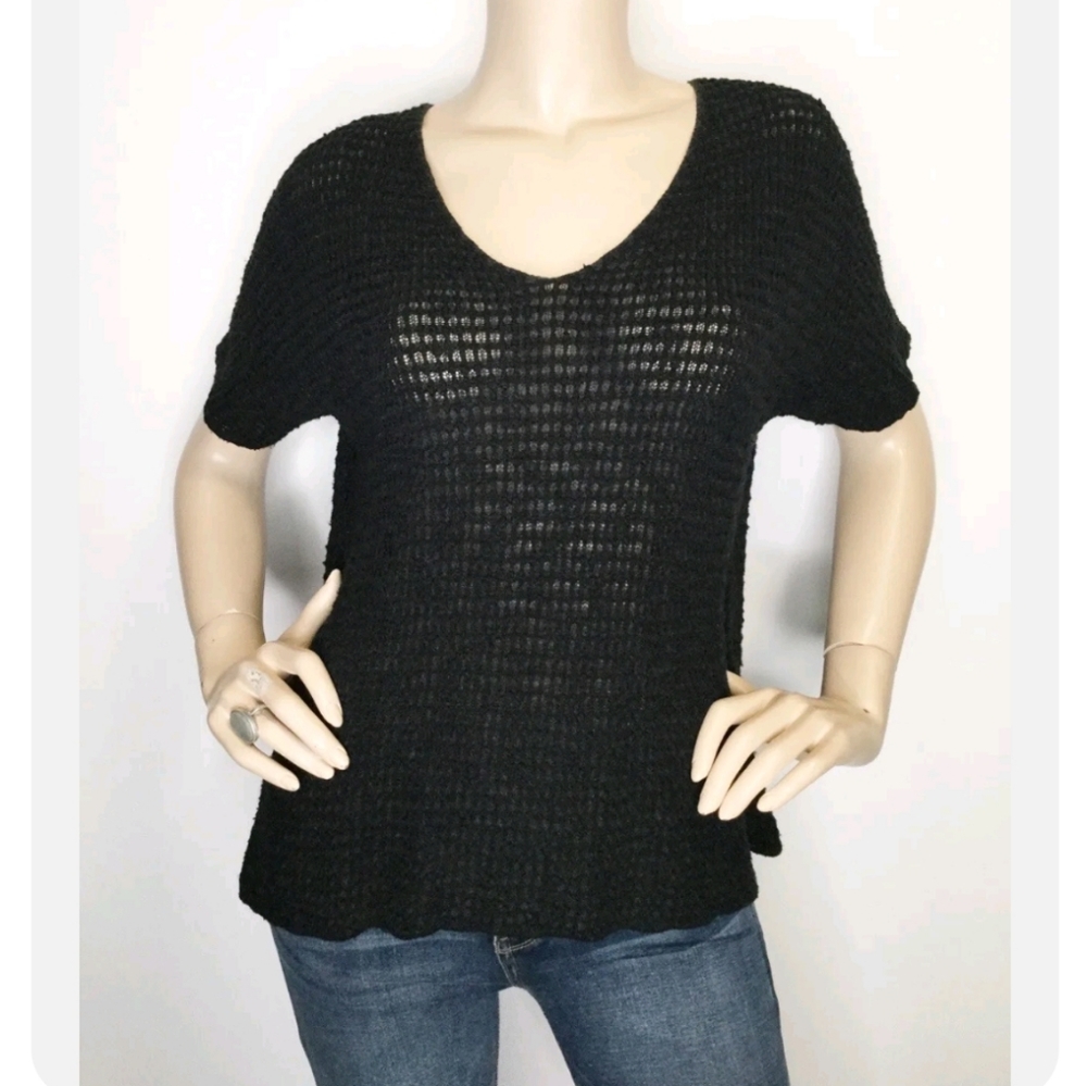 Eileen Fisher Small Boxy Black Knit V Neck Top Shirt Sweater Organic Cot…